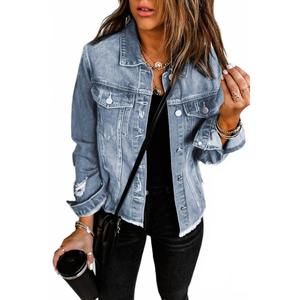 NEW PRETTY BASH denim distressed raw hem jacket in sky blue